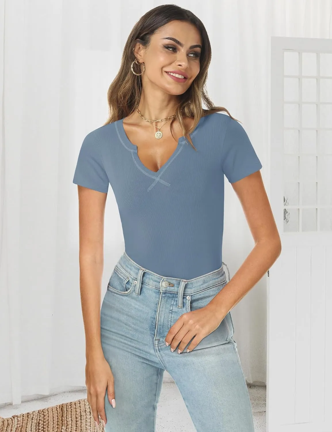 AKEWEI Women's Short Sleeve Tops Soft V Neck Ribbed Knit Shirts Basic Comfortable Clothes Tunic