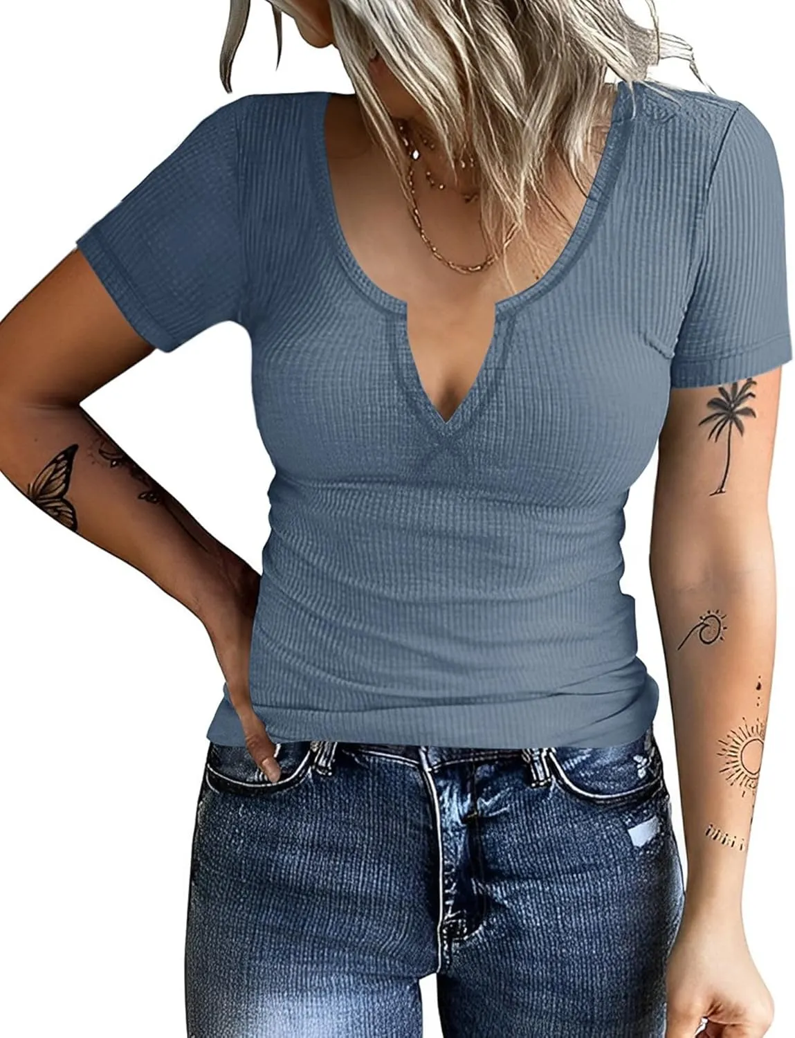 AKEWEI Women's Short Sleeve Tops Soft V Neck Ribbed Knit Shirts Basic Comfortable Clothes Tunic