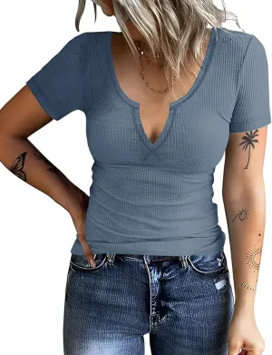 AKEWEI Women's Short Sleeve Tops Soft V Neck Ribbed Knit Shirts Basic Comfortable Clothes Tunic