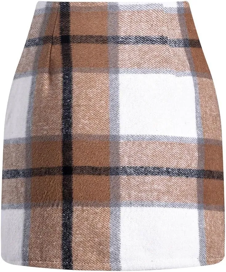 COTECRAM Plaid Mini Skirts for Women Trendy High Waisted Fall Winter Wool Bodycon Pencil Midi Skirts A-line
