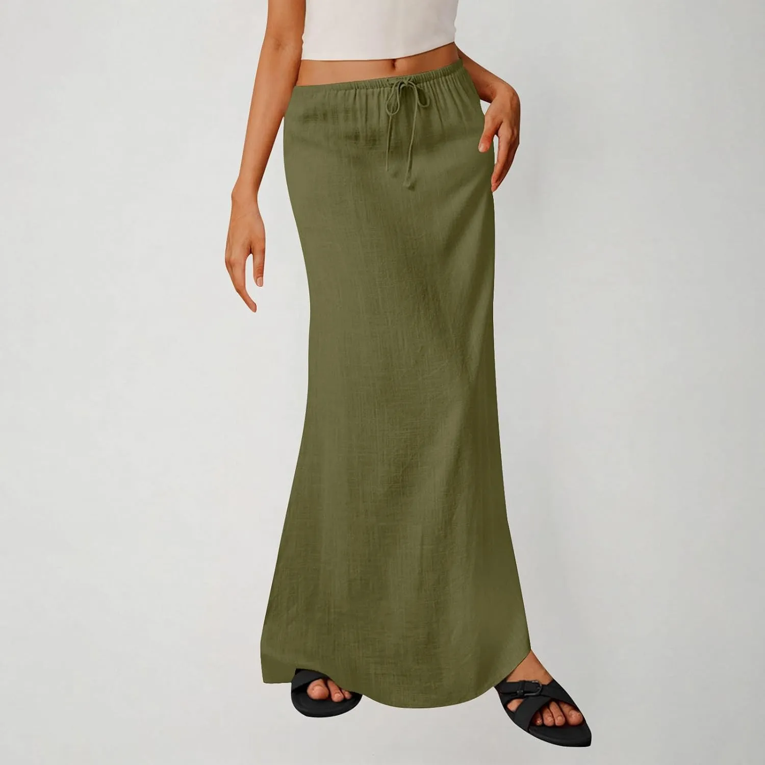 Cotton Linen Maxi Skirts for Women 2025 Drawstring Elastic High Rise Dress A Line Cute Vacation Boho Long Flowy Skirts