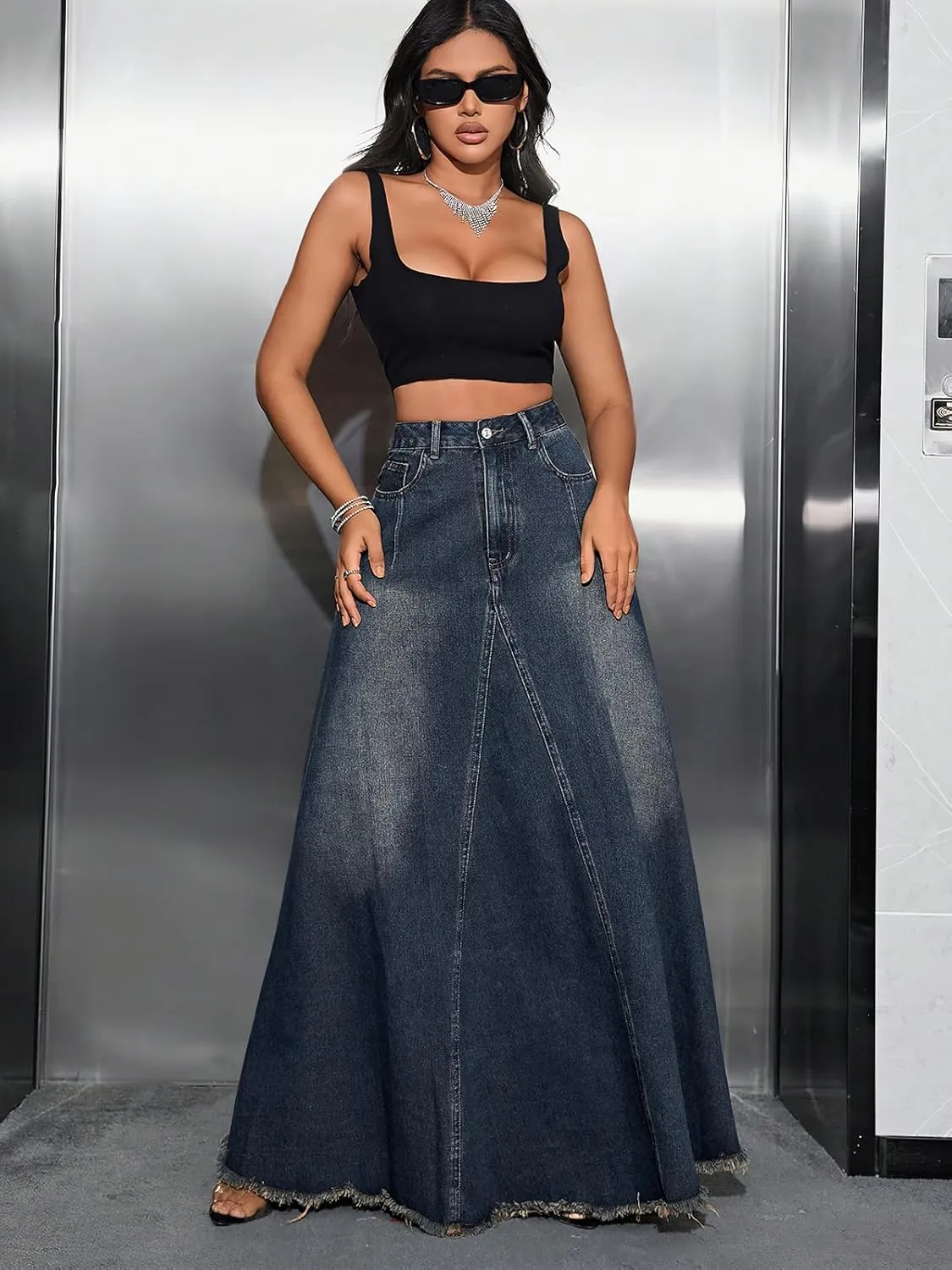 ebossy Women's Retro High Waisted Frayed Raw Hem Herringbone Stitch Washed Maxi Long Denim Skirt with Pockets