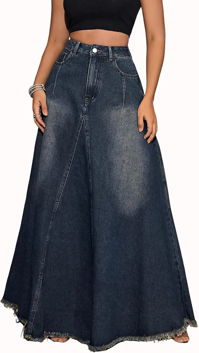 ebossy Women's Retro High Waisted Frayed Raw Hem Herringbone Stitch Washed Maxi Long Denim Skirt with Pockets