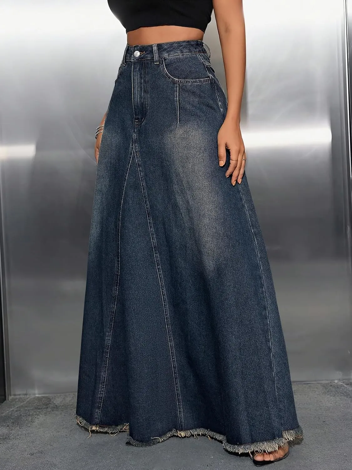 ebossy Women's Retro High Waisted Frayed Raw Hem Herringbone Stitch Washed Maxi Long Denim Skirt with Pockets