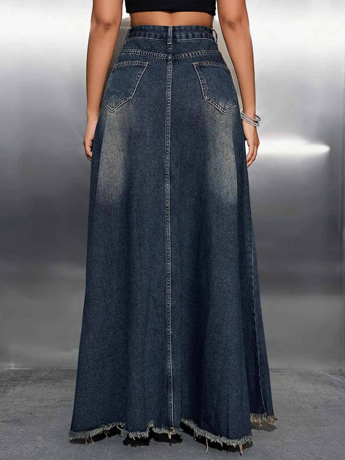 ebossy Women's Retro High Waisted Frayed Raw Hem Herringbone Stitch Washed Maxi Long Denim Skirt with Pockets
