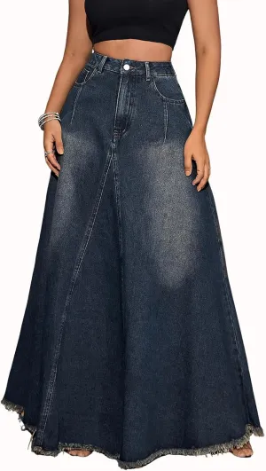 ebossy Women's Retro High Waisted Frayed Raw Hem Herringbone Stitch Washed Maxi Long Denim Skirt with Pockets
