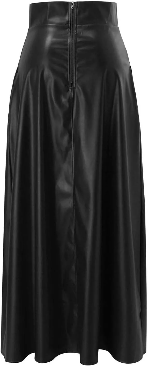 Faux Leather Skirts Women's High Waist Split A-Line Maxi Skirts Pocket Zipper Solid Casual Long Swing Skirt