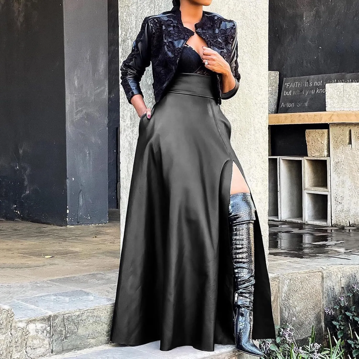 Faux Leather Skirts Women's High Waist Split A-Line Maxi Skirts Pocket Zipper Solid Casual Long Swing Skirt