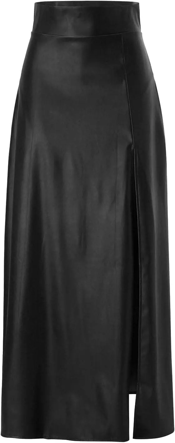 Faux Leather Skirts Women's High Waist Split A-Line Maxi Skirts Pocket Zipper Solid Casual Long Swing Skirt