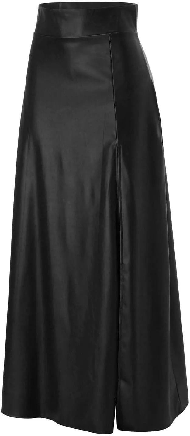 Faux Leather Skirts Women's High Waist Split A-Line Maxi Skirts Pocket Zipper Solid Casual Long Swing Skirt