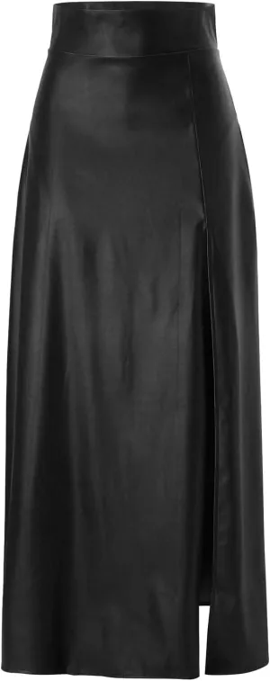 Faux Leather Skirts Women's High Waist Split A-Line Maxi Skirts Pocket Zipper Solid Casual Long Swing Skirt
