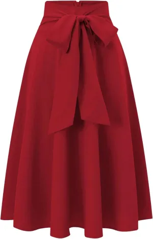 GORGLITTER Women's Bow High Waisted Pleated Midi Skirts Faldas Tie Belted A Line Flowy Skirts Dressy Casual 2025