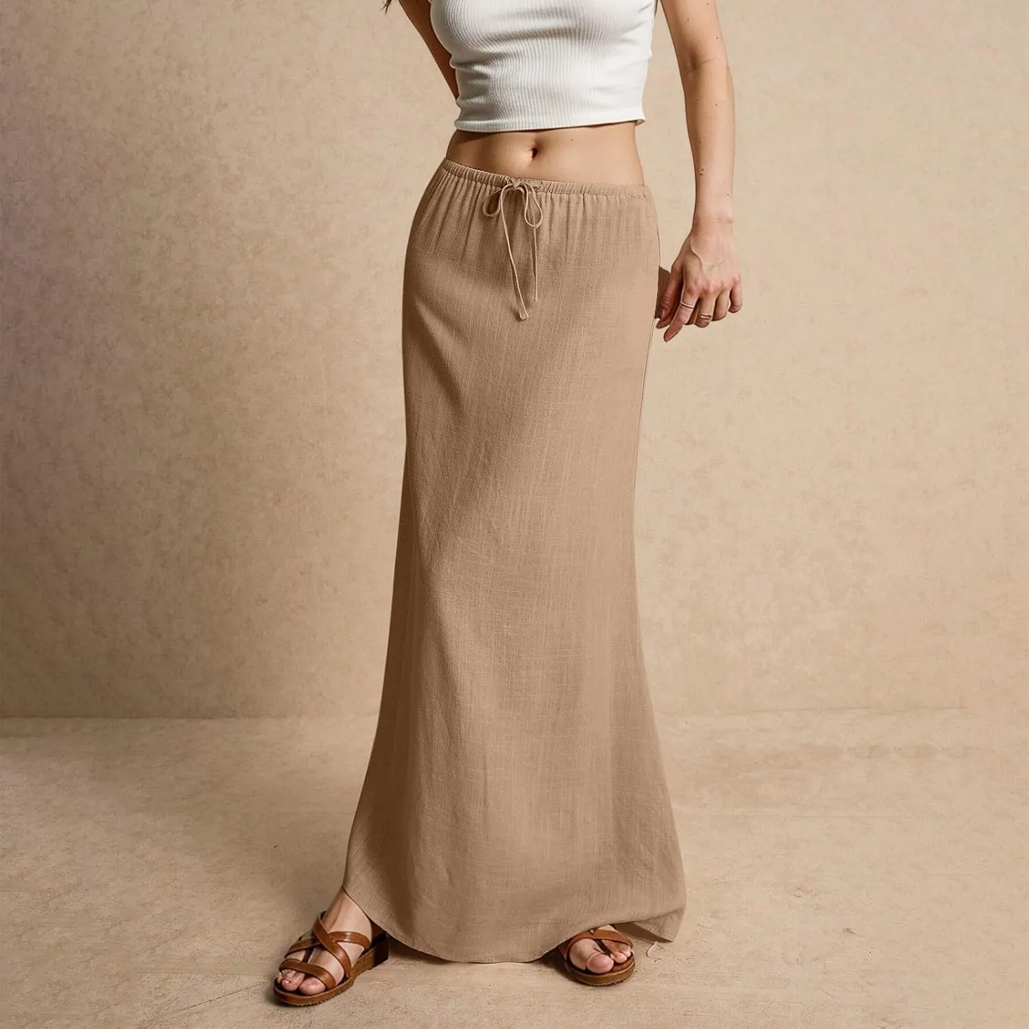 Linen Maxi Skirts for Women 2025 Summer Drawstring Waist A Line Skirts Vacation Trendy Comfy Boho Long Flowy Skirt