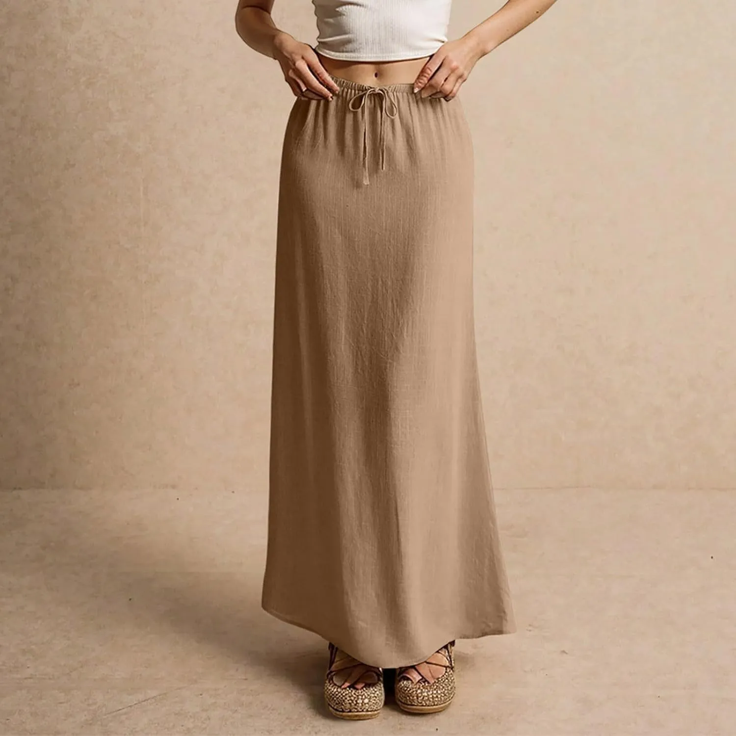 Linen Maxi Skirts for Women 2025 Summer Drawstring Waist A Line Skirts Vacation Trendy Comfy Boho Long Flowy Skirt