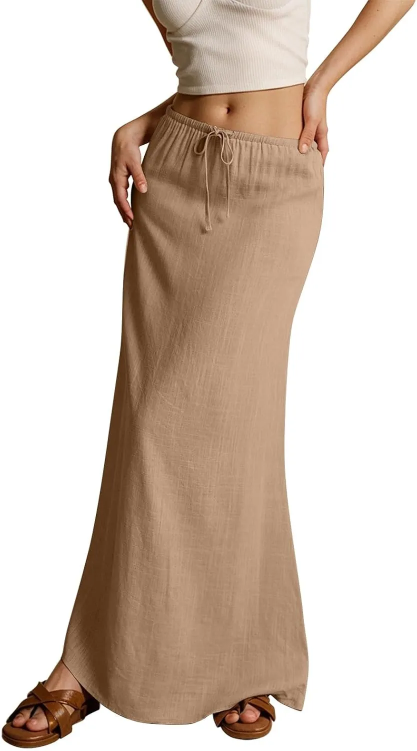 Linen Maxi Skirts for Women 2025 Summer Drawstring Waist A Line Skirts Vacation Trendy Comfy Boho Long Flowy Skirt