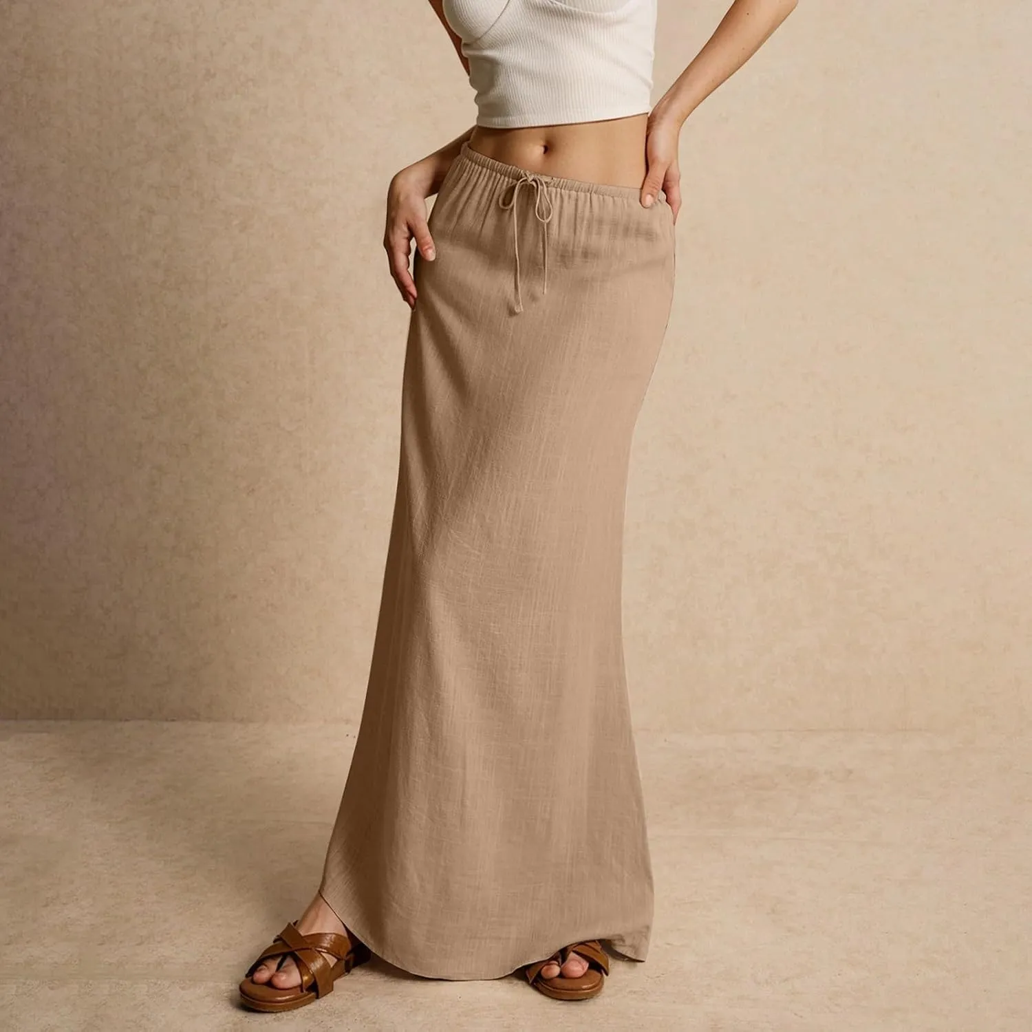 Linen Maxi Skirts for Women 2025 Summer Drawstring Waist A Line Skirts Vacation Trendy Comfy Boho Long Flowy Skirt