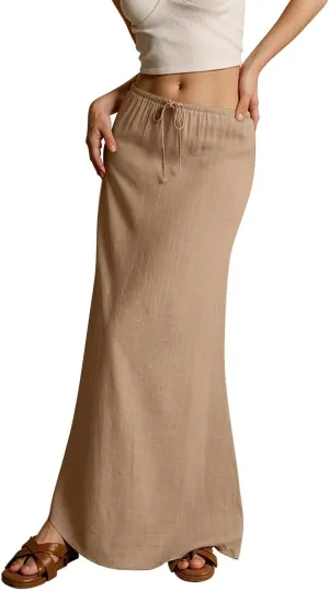 Linen Maxi Skirts for Women 2025 Summer Drawstring Waist A Line Skirts Vacation Trendy Comfy Boho Long Flowy Skirt