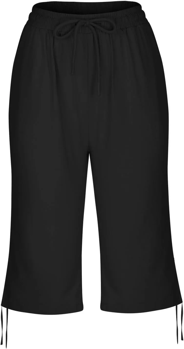 Linen Pants Women Summer Pants Ladies Loose Drawstring Casual Solid Color Shorts Wide Leg Casual Cotton Linen Pants