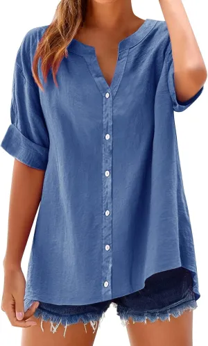 Linen Shirts for Women Summer Boho Short Tops Elbow Sleeve Button Dress Shirt Plus Size Casual Vneck Loose Work Shirt