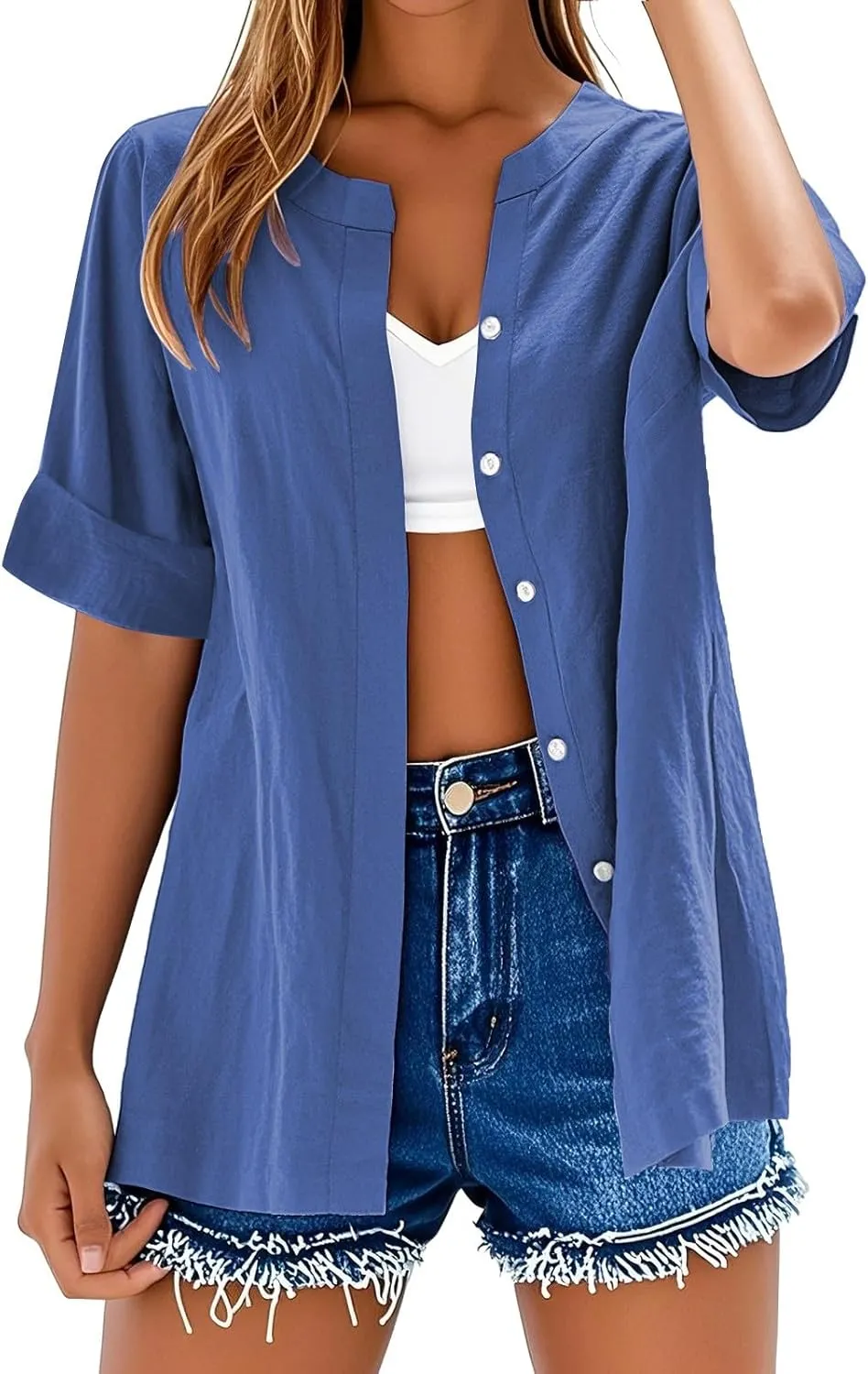 Linen Shirts for Women Summer Boho Short Tops Elbow Sleeve Button Dress Shirt Plus Size Casual Vneck Loose Work Shirt