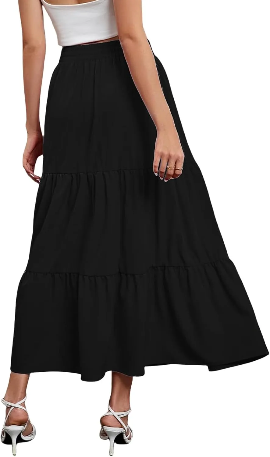 Long Skirts for Women Boho Flowy Maxi Skirt Summer Swing Tiered A-Line Skirt Elastic Waist Pleated Solid Beach Dress