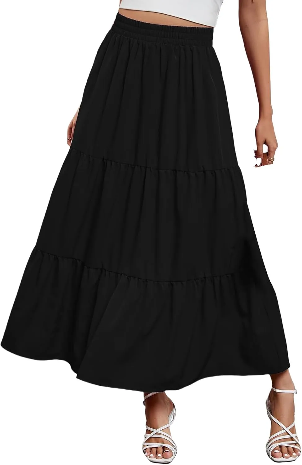 Long Skirts for Women Boho Flowy Maxi Skirt Summer Swing Tiered A-Line Skirt Elastic Waist Pleated Solid Beach Dress