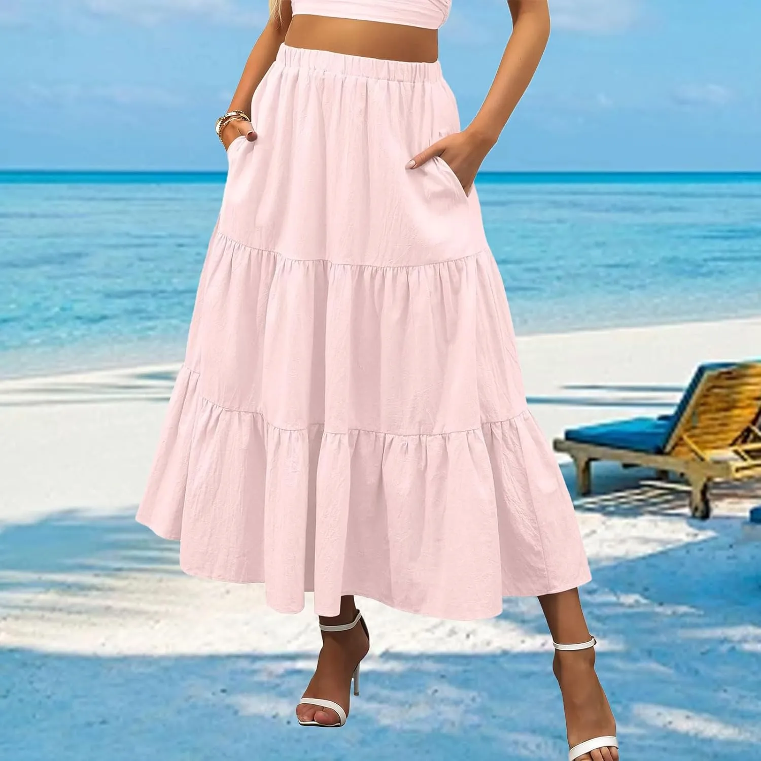 Long Skirts for Women Summer Boho Flowy Elastic Waist A-Line Maxi Skirt Pleated Tiered Swing Long Beach Dress with Pockets