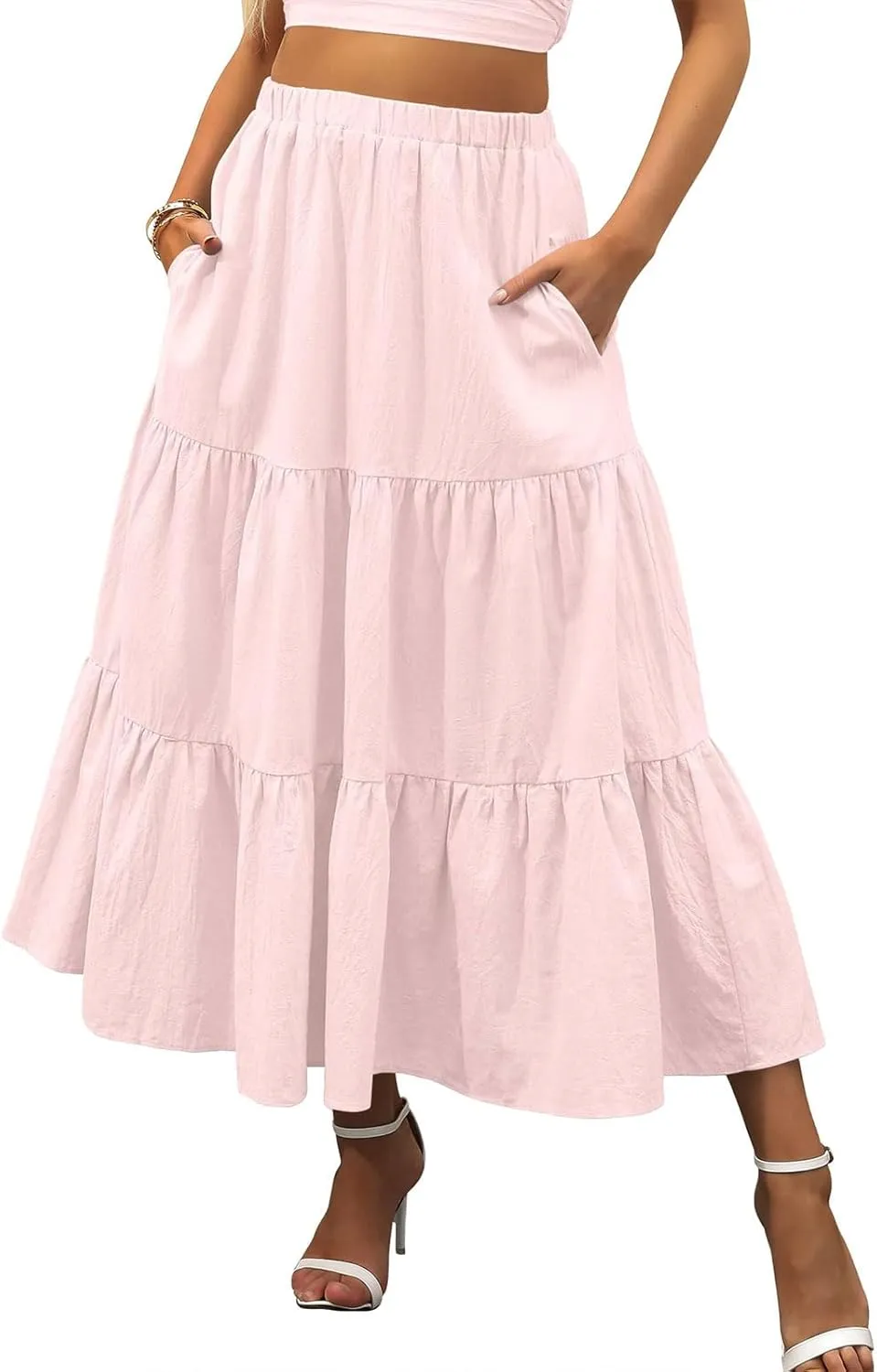 Long Skirts for Women Summer Boho Flowy Elastic Waist A-Line Maxi Skirt Pleated Tiered Swing Long Beach Dress with Pockets