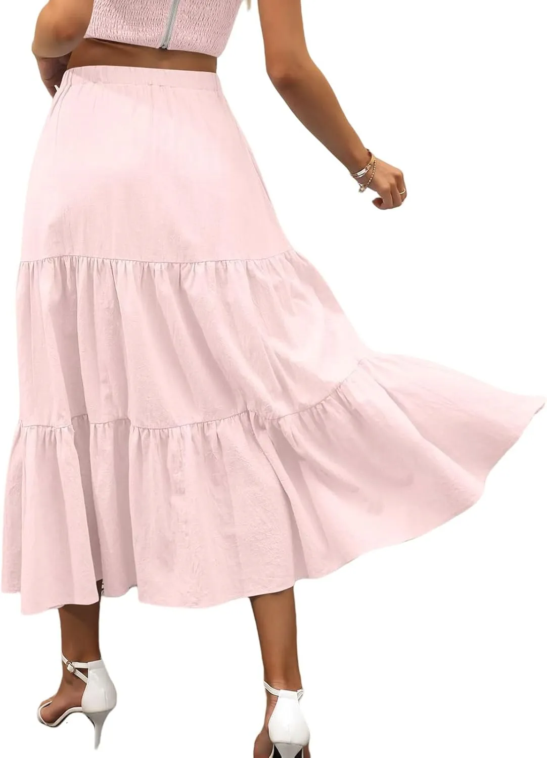 Long Skirts for Women Summer Boho Flowy Elastic Waist A-Line Maxi Skirt Pleated Tiered Swing Long Beach Dress with Pockets