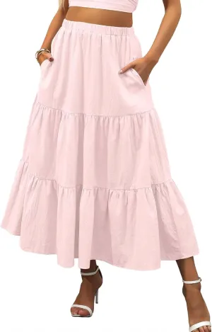 Long Skirts for Women Summer Boho Flowy Elastic Waist A-Line Maxi Skirt Pleated Tiered Swing Long Beach Dress with Pockets