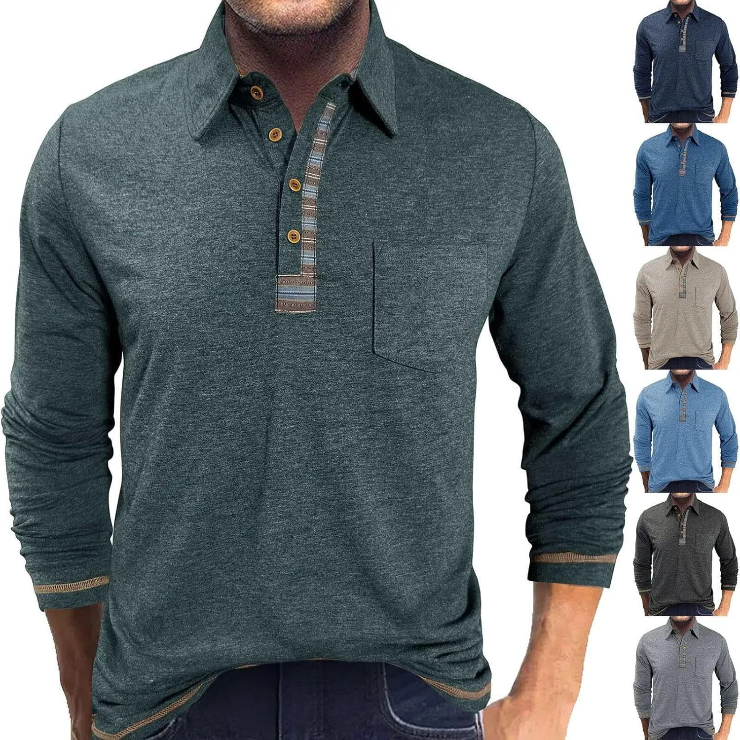 Long Sleeve Polo Shirts for Men Button Up Cotton Casual Golf Polos Shirt with Pocket Camiseta Manga Larga para Hombre