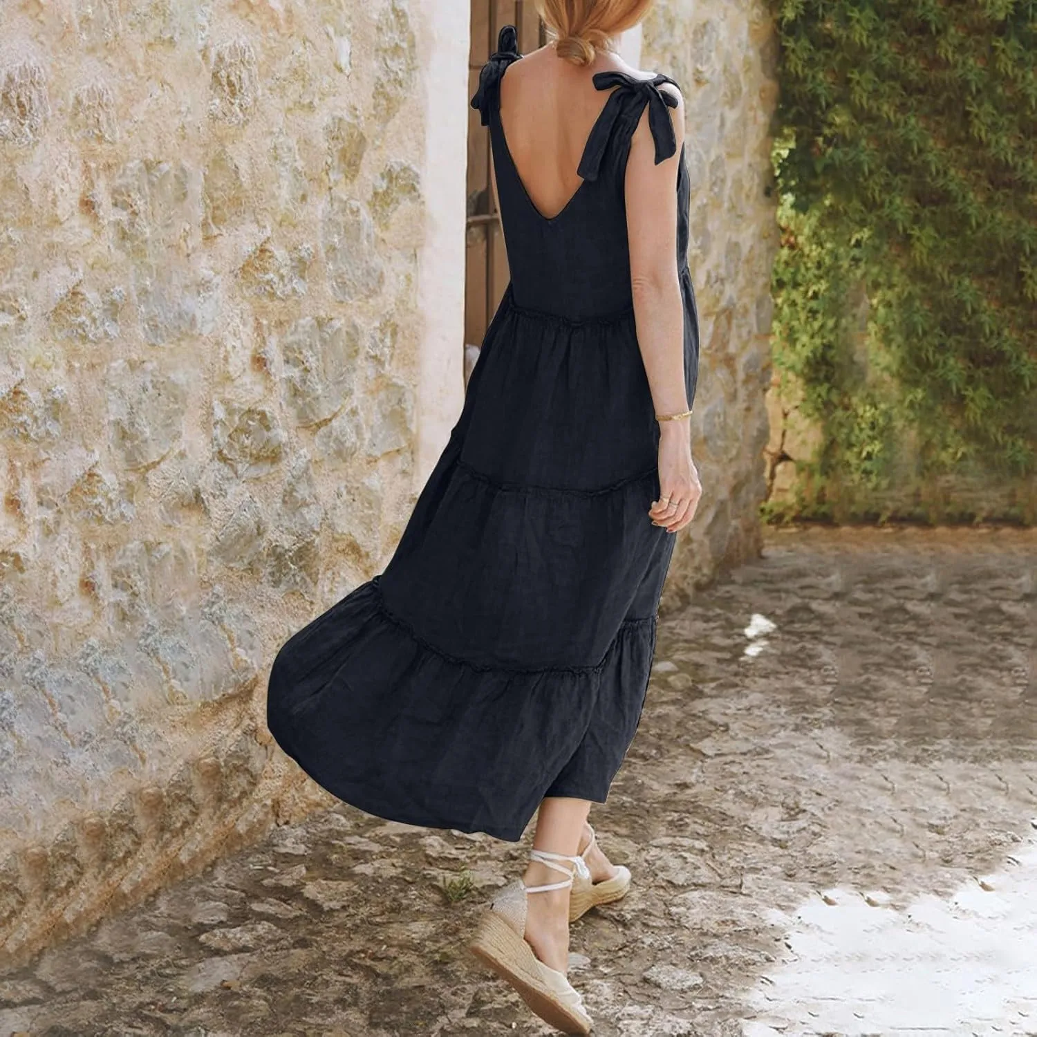 Maxi Linen Tiered Dresses for Women Plus Size V Neck Tie Shoulder Ruffle Flowy Swing Sundress Sleeveless Sundress