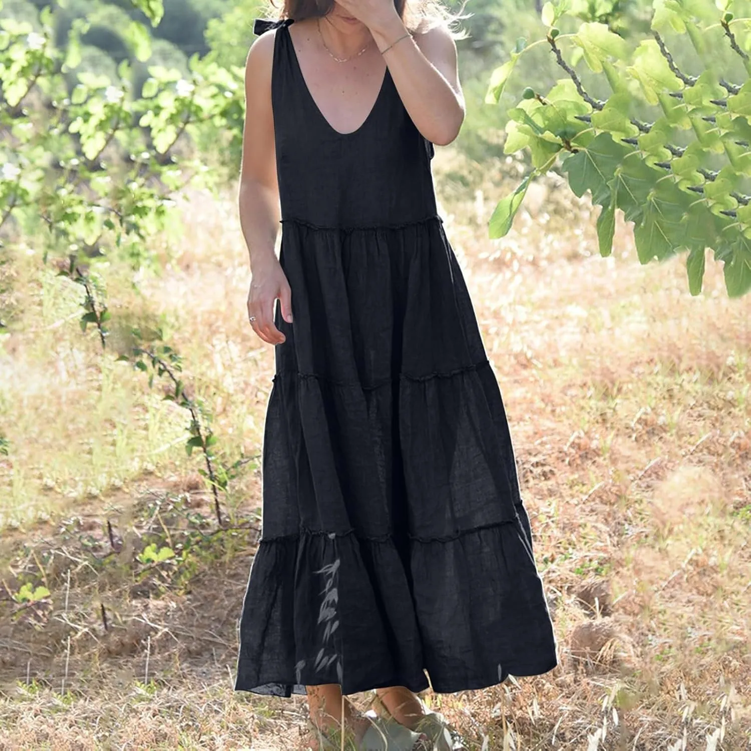 Maxi Linen Tiered Dresses for Women Plus Size V Neck Tie Shoulder Ruffle Flowy Swing Sundress Sleeveless Sundress