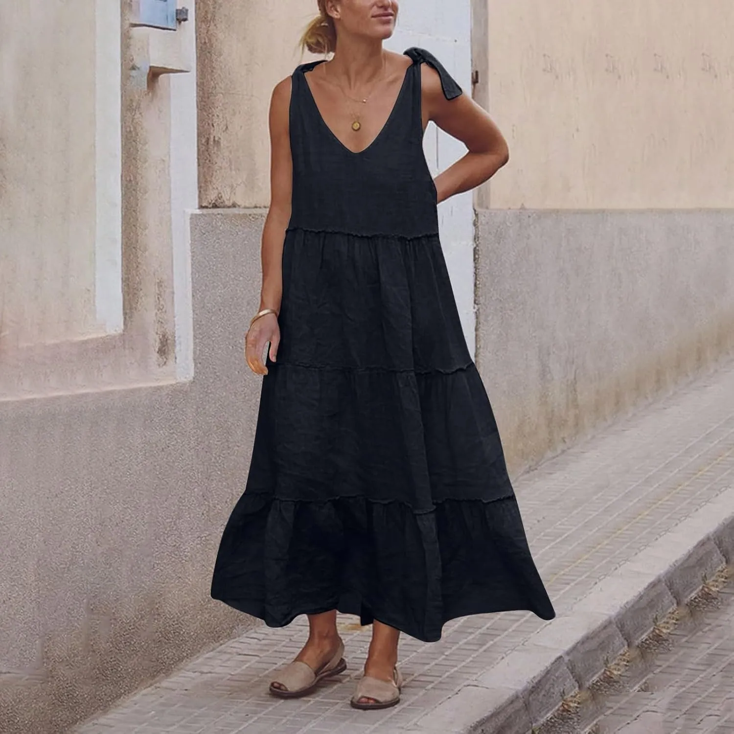 Maxi Linen Tiered Dresses for Women Plus Size V Neck Tie Shoulder Ruffle Flowy Swing Sundress Sleeveless Sundress