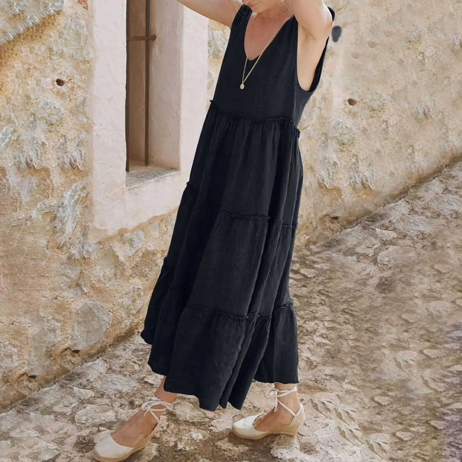 Maxi Linen Tiered Dresses for Women Plus Size V Neck Tie Shoulder Ruffle Flowy Swing Sundress Sleeveless Sundress