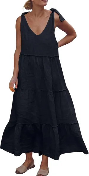 Maxi Linen Tiered Dresses for Women Plus Size V Neck Tie Shoulder Ruffle Flowy Swing Sundress Sleeveless Sundress
