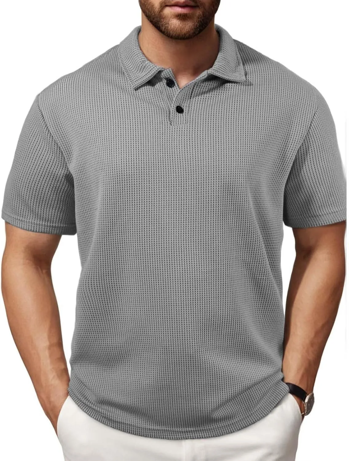 Mens Knitted Polo Shirts 2025 Summer Casual Textured Golf Polos Shirt V Neck Short Sleeve Performance Collared Shirts