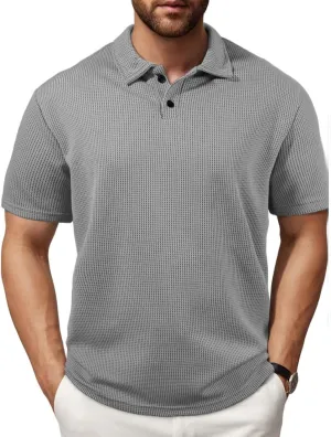 Mens Knitted Polo Shirts 2025 Summer Casual Textured Golf Polos Shirt V Neck Short Sleeve Performance Collared Shirts