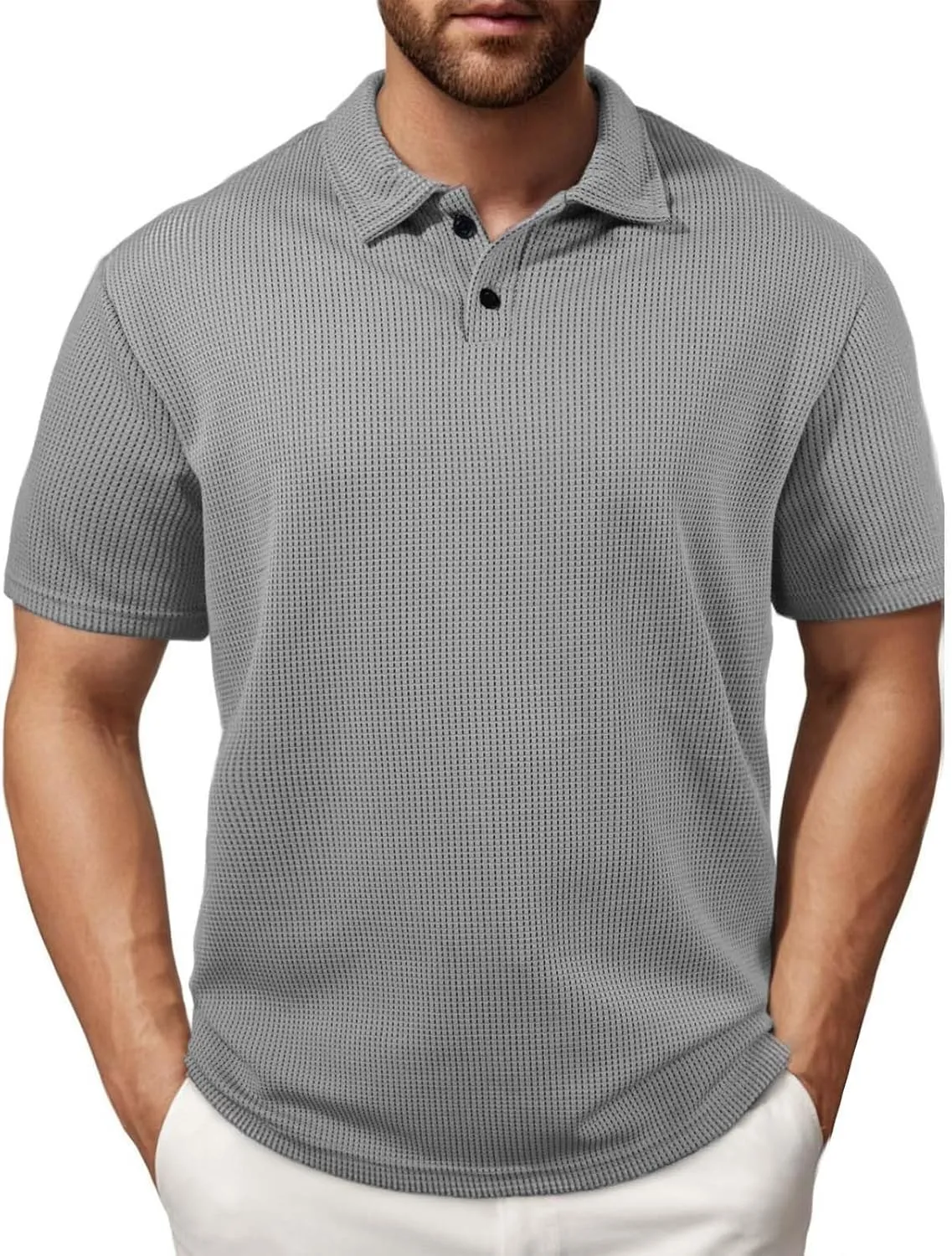 Mens Knitted Polo Shirts 2025 Summer Casual Textured Golf Polos Shirt V Neck Short Sleeve Performance Collared Shirts