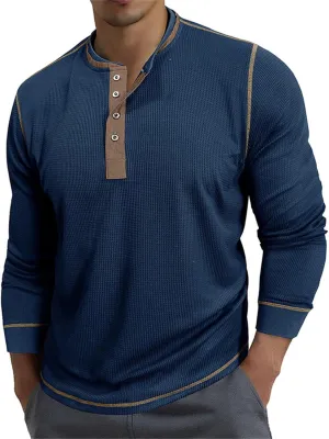 Men's Long Sleeve Waffle Henley Shirts Fashion Vintage Color Block Plaid Button T-Shirt Lightweight Pullover Shirt
