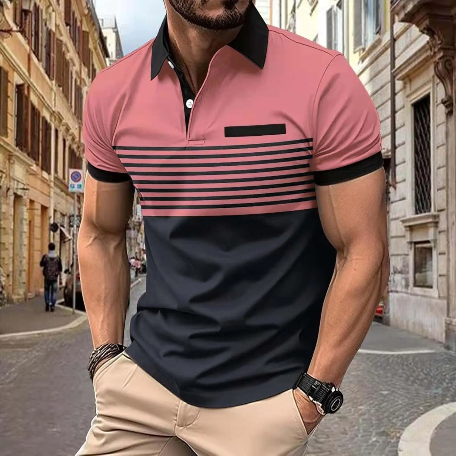 Polo Shirts for Men with Pocket Casual Collared Shirt Polos Classic Button Golf Shirt Loose Athletic Pullover