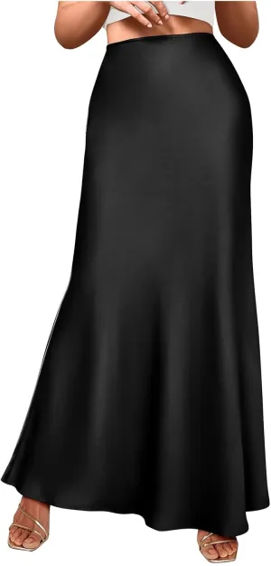 Satin Silk Maxi Skirts for Women Summer Elegant High Waist Long Skirts Cocktail Party Wedding Mermaid Dressy Skirt