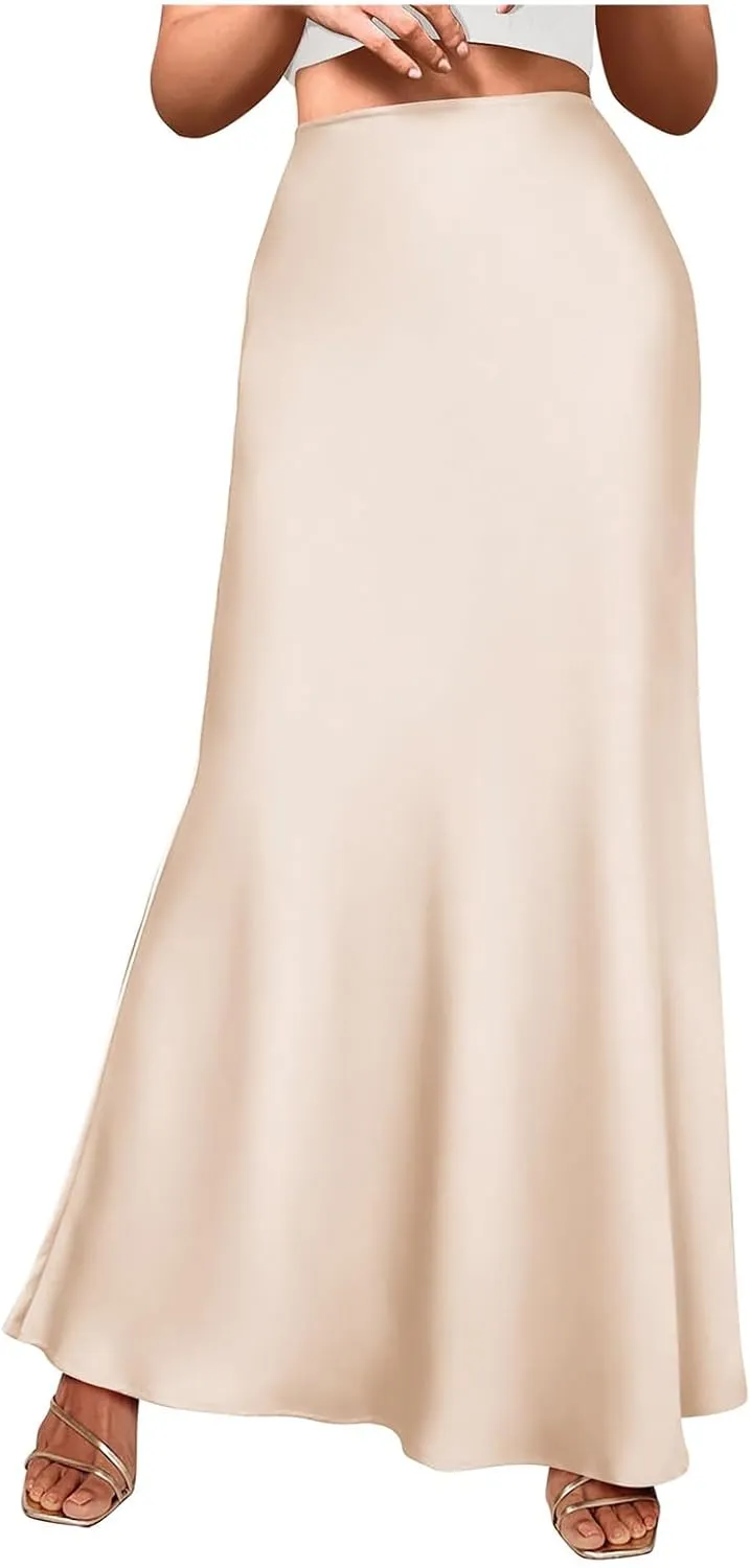 Satin Silk Maxi Skirts for Women Summer Elegant High Waist Long Skirts Cocktail Party Wedding Mermaid Dressy Skirt