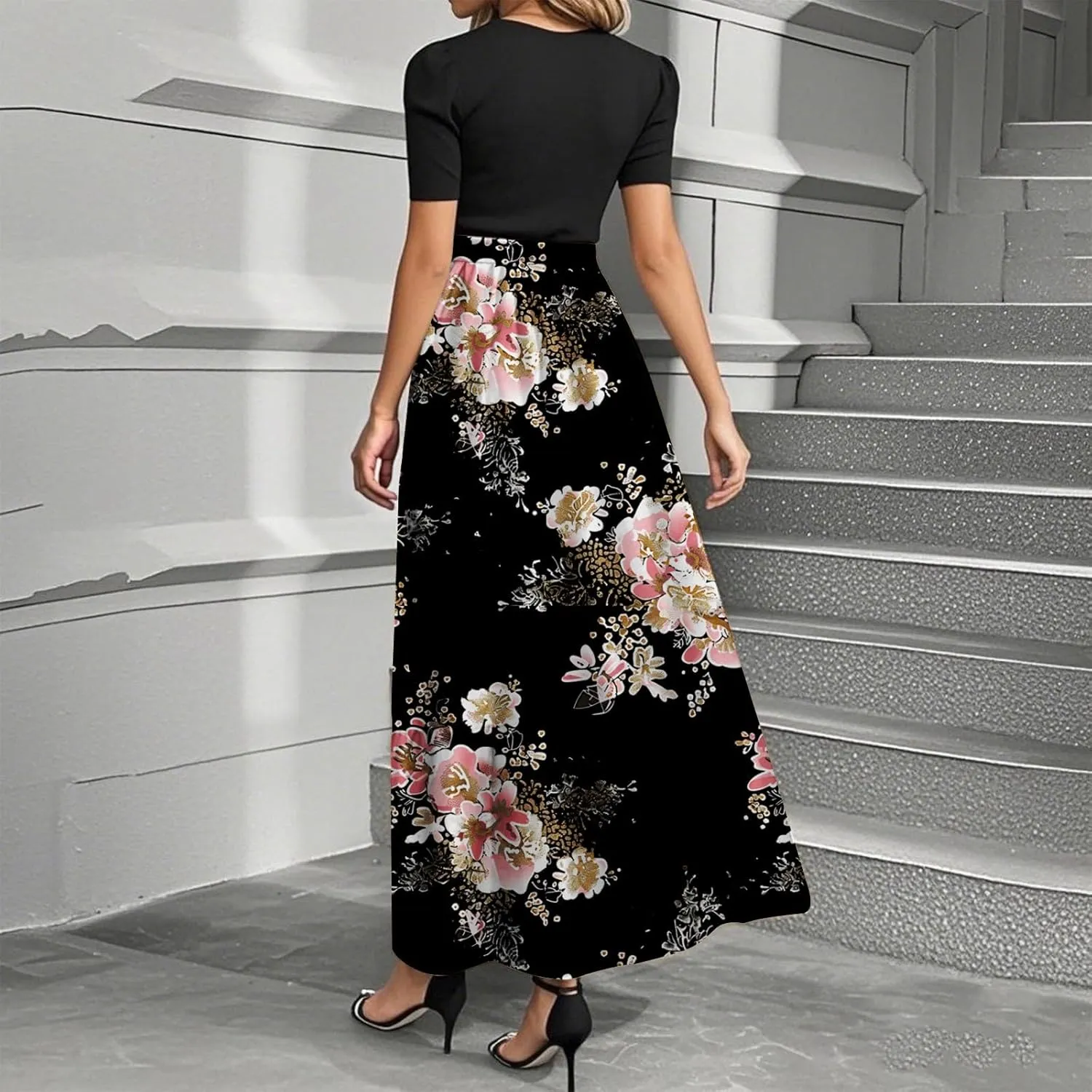 Summer Dresses for Women Flowy Patchwork Empire Waist Maxi Dress Tie Belted Floral Short Sleeve Elegant Dress