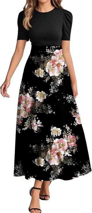 Summer Dresses for Women Flowy Patchwork Empire Waist Maxi Dress Tie Belted Floral Short Sleeve Elegant Dress