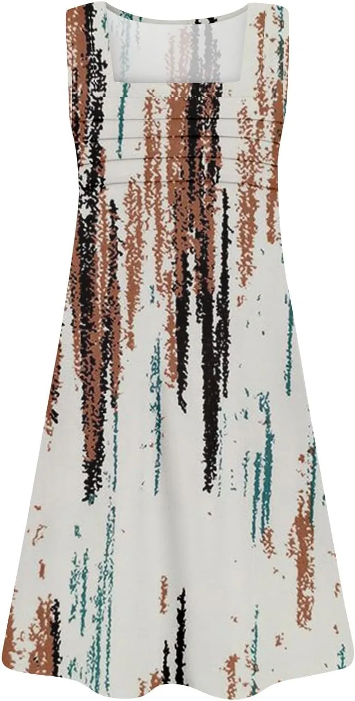 Summer Dresses for Women Sleeveless Floral Sundresses Square Neck Loose T Shirt Dresses Casual Pleated Front Tank Dress