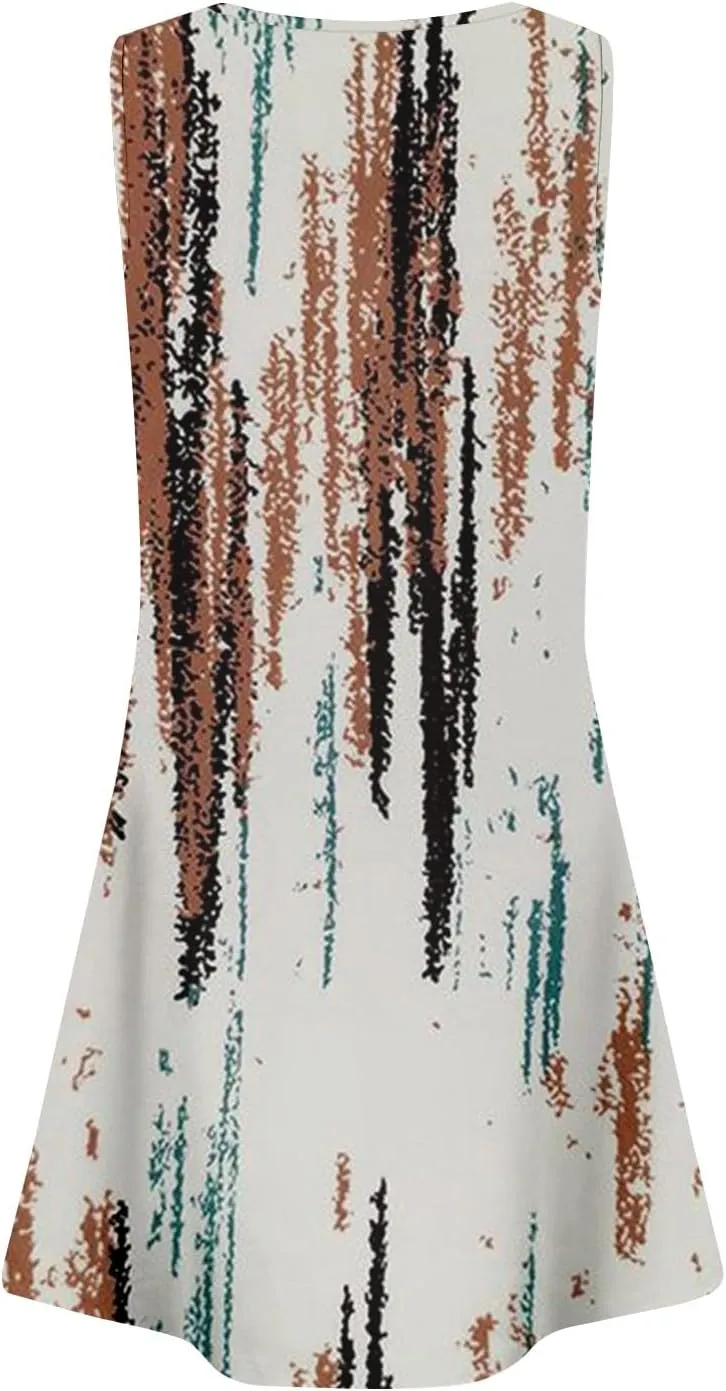 Summer Dresses for Women Sleeveless Floral Sundresses Square Neck Loose T Shirt Dresses Casual Pleated Front Tank Dress