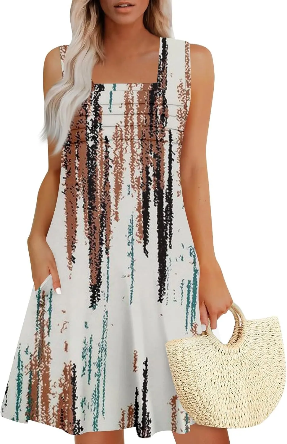 Summer Dresses for Women Sleeveless Floral Sundresses Square Neck Loose T Shirt Dresses Casual Pleated Front Tank Dress