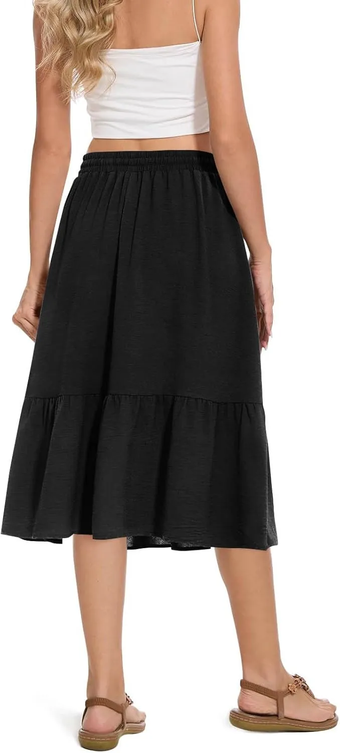 Summer Skirts for Women Trendy with Pockets Drawstring High Waisted Lightweight Casual Tiered Flowy A-Line Midi Skirt
