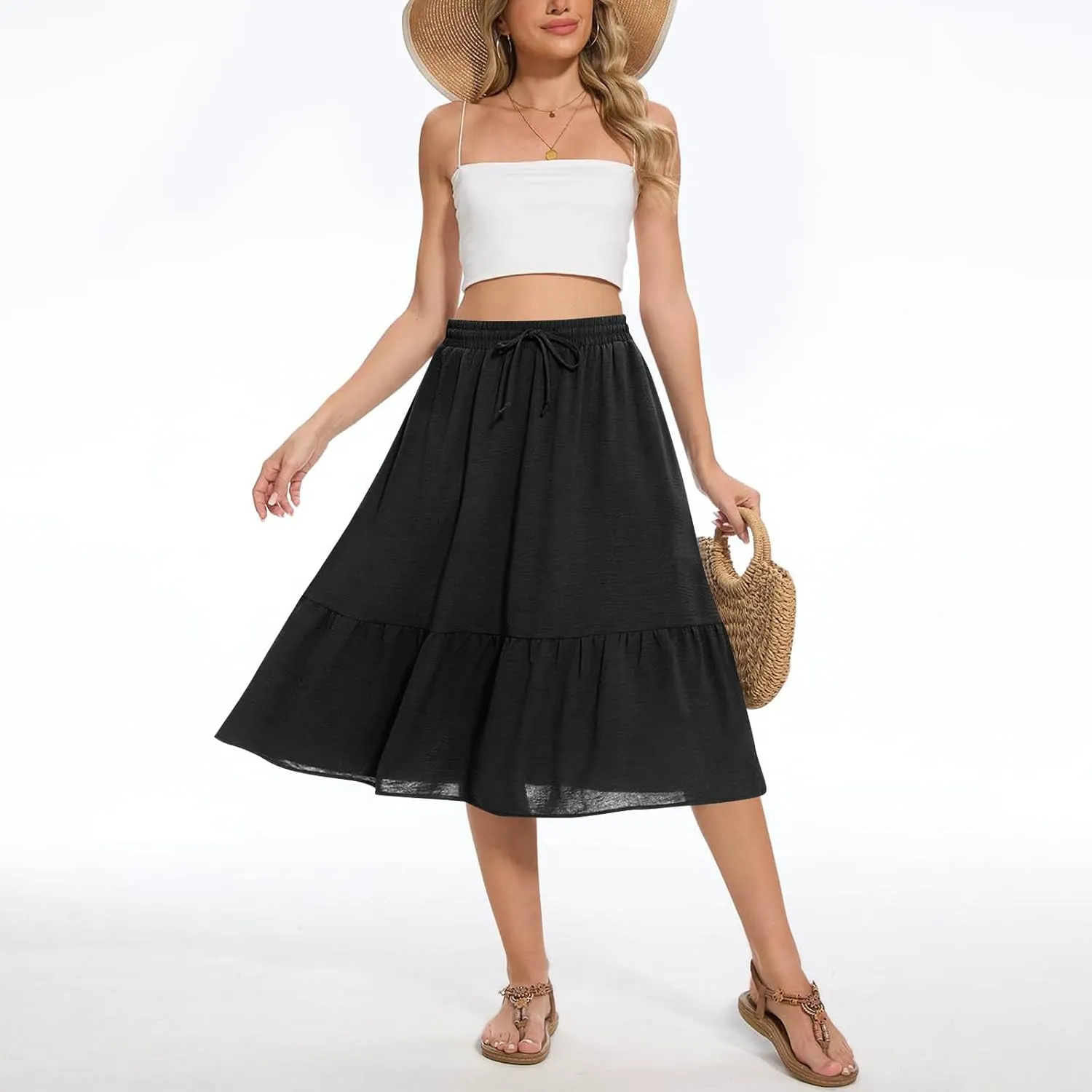 Summer Skirts for Women Trendy with Pockets Drawstring High Waisted Lightweight Casual Tiered Flowy A-Line Midi Skirt